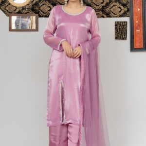 Lavender Elegance Ensemble – Pearl-Trimmed Silk Suit
