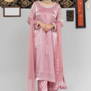 Blush Radiance Ensemble – Satin Silk Kurta with Sheer Dupatta