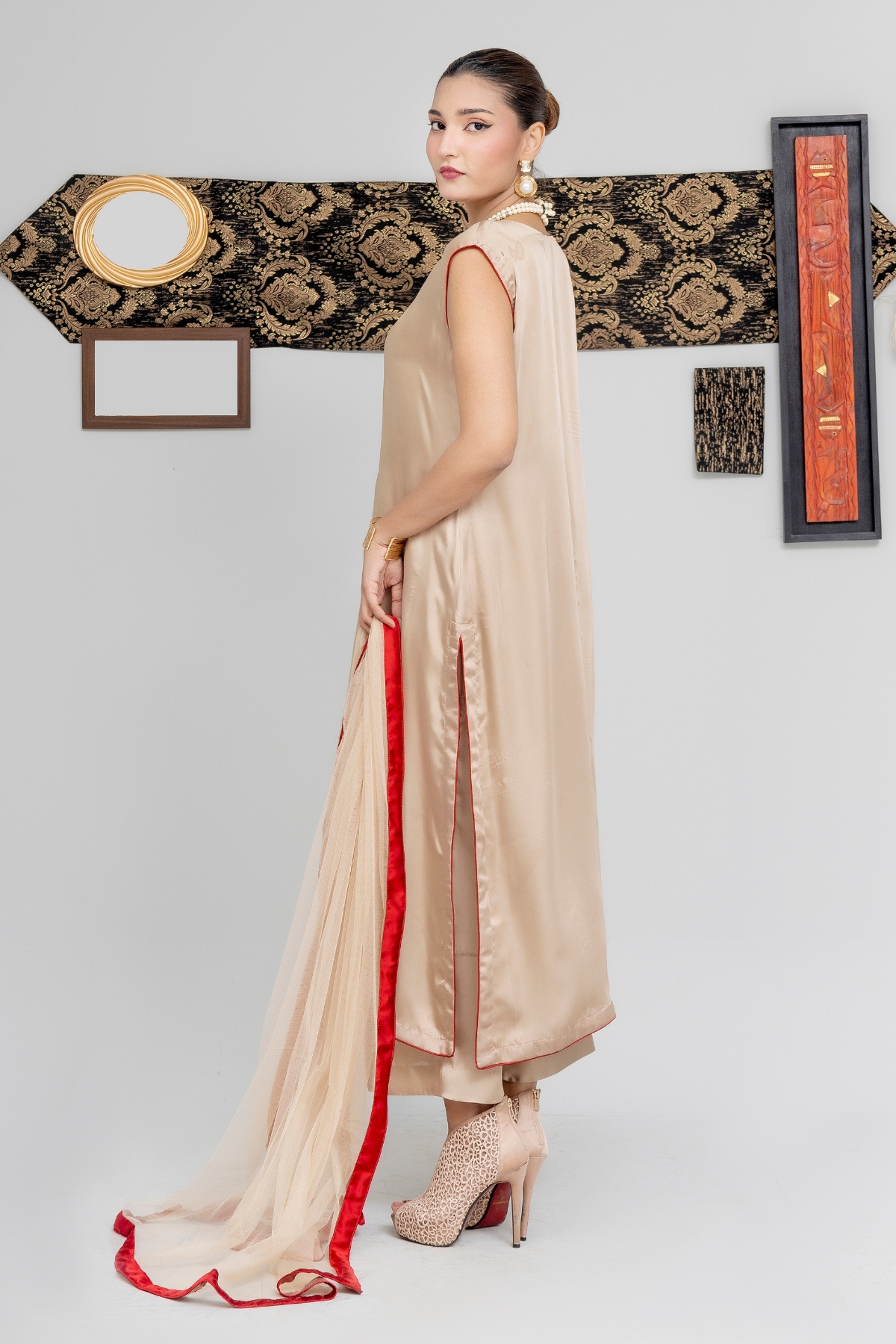 Golden Aura Ensemble – Silk Kurta with Red-Trimmed Sheer Dupatta - Image 5