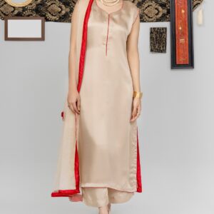 Golden Aura Ensemble – Silk Kurta with Red-Trimmed Sheer Dupatta