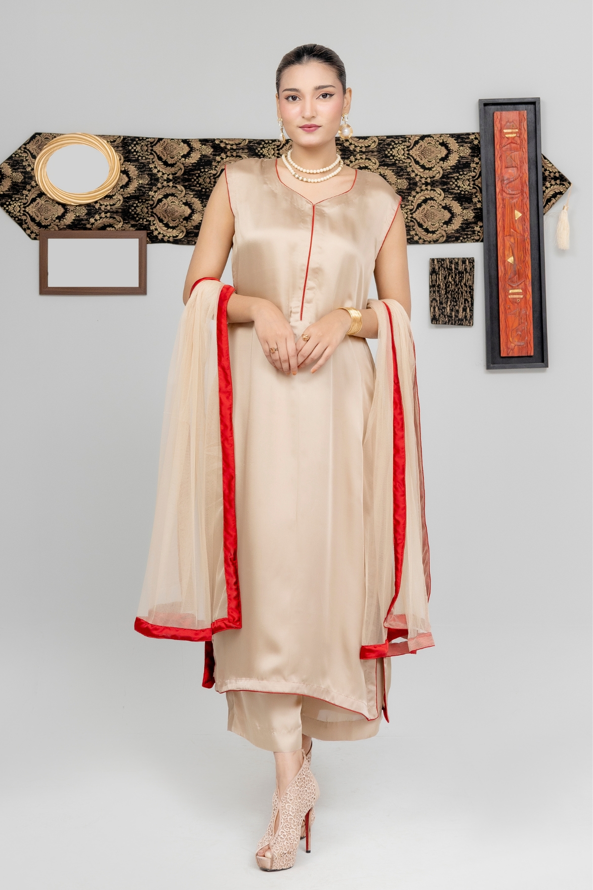 Golden Aura Ensemble – Silk Kurta with Red-Trimmed Sheer Dupatta - Image 3
