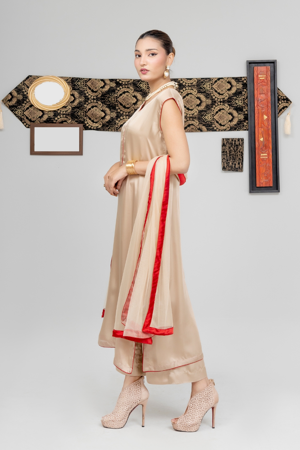 Golden Aura Ensemble – Silk Kurta with Red-Trimmed Sheer Dupatta - Image 2