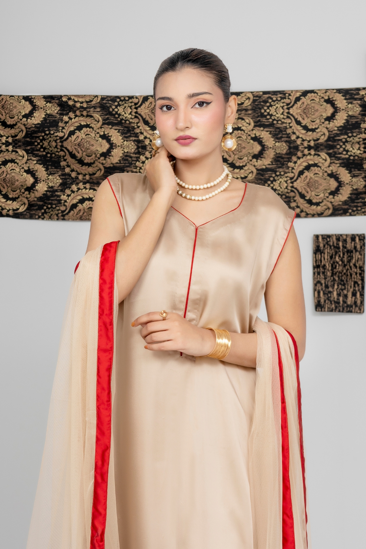 Golden Aura Ensemble – Silk Kurta with Red-Trimmed Sheer Dupatta - Image 7