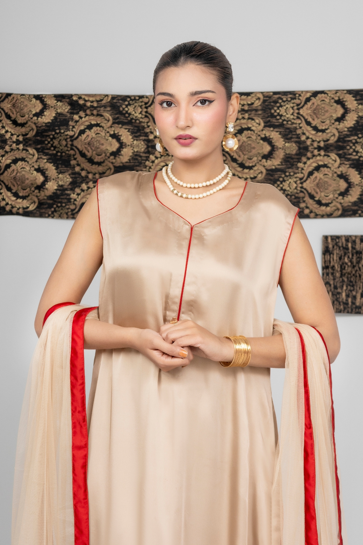 Golden Aura Ensemble – Silk Kurta with Red-Trimmed Sheer Dupatta - Image 4
